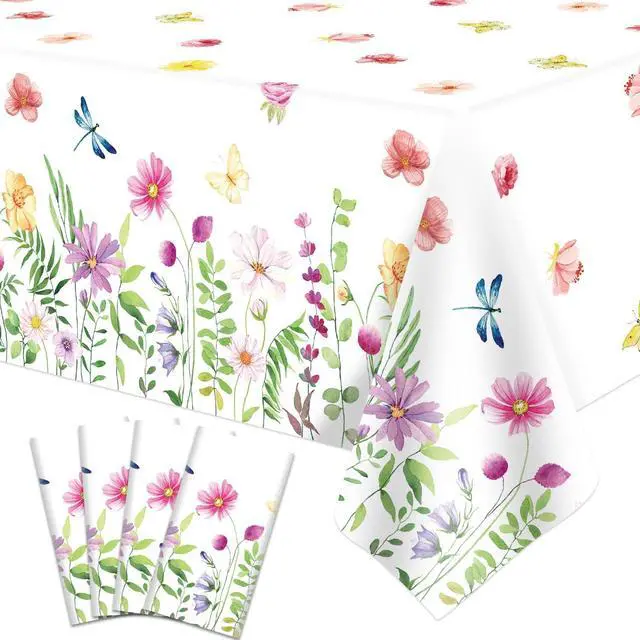 Main image of 4 Pack SPring Floral Tablecloth Wild Flowers Table Cloth Plastic Spring Floral Table Cloth Flower Disposable Table Cover for Flower Wedding, Babyshower, Birthday Party Decorations 51 x 86 Inches