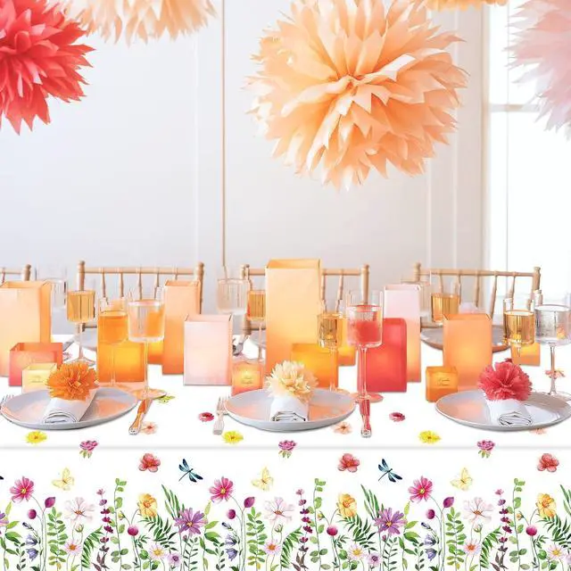 Alt view image 4 of 7 - 4 Pack SPring Floral Tablecloth Wild Flowers Table Cloth Plastic Spring Floral Table Cloth Flower Disposable Table Cover for Flower Wedding, Babyshower, Birthday Party Decorations 51 x 86 Inches