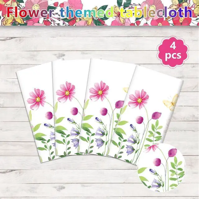 Alt view image 7 of 7 - 4 Pack SPring Floral Tablecloth Wild Flowers Table Cloth Plastic Spring Floral Table Cloth Flower Disposable Table Cover for Flower Wedding, Babyshower, Birthday Party Decorations 51 x 86 Inches