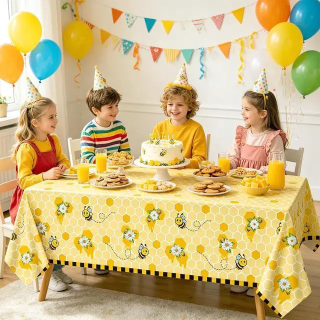 Alt view image 2 of 7 - 4PCS Yellow Bee Tablecloth Honey Table Covers Sweet as Can Bee Table Cloth Honey Bee Day Tablecloths for Bees Theme Baby Shower Birthday Party Decoration 86X51IN