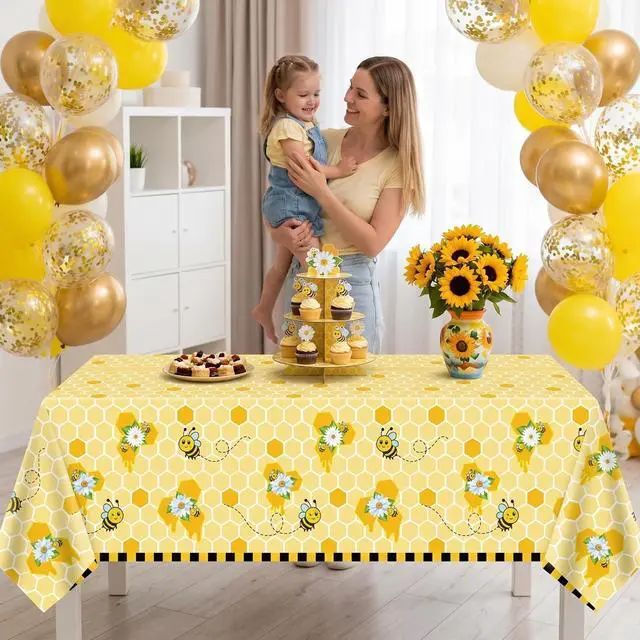 Alt view image 3 of 7 - 4PCS Yellow Bee Tablecloth Honey Table Covers Sweet as Can Bee Table Cloth Honey Bee Day Tablecloths for Bees Theme Baby Shower Birthday Party Decoration 86X51IN
