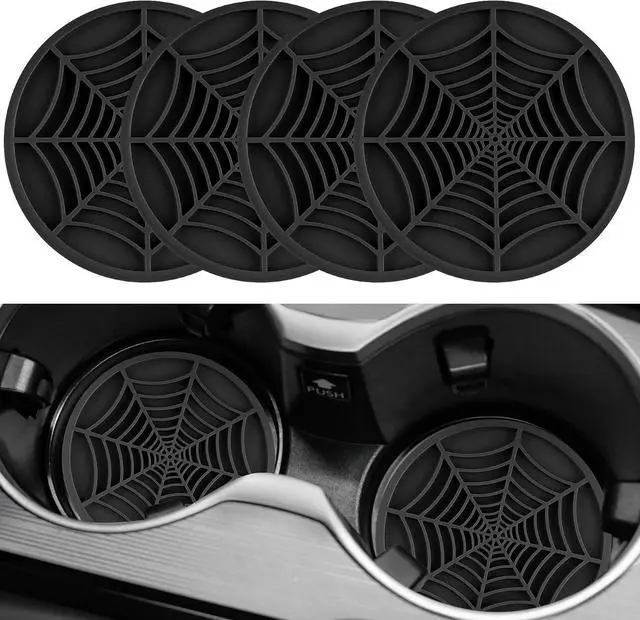 Main image of Alpmosn 4PCS Spider Web Car Coasters for Cup Holders, Halloween Funny Non-Slip Silicone Insert Ornaments Coasters, Automotive Cupholder Goth Accessories for Men & Women(Black)