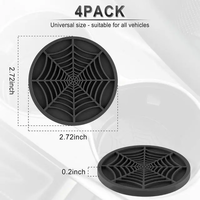 Alt view image 2 of 6 - Alpmosn 4PCS Spider Web Car Coasters for Cup Holders, Halloween Funny Non-Slip Silicone Insert Ornaments Coasters, Automotive Cupholder Goth Accessories for Men & Women(Black)