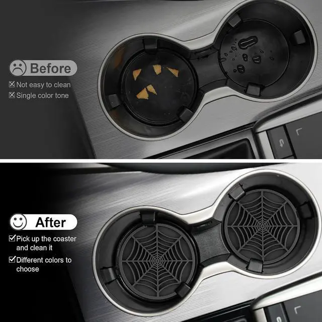Alt view image 5 of 6 - Alpmosn 4PCS Spider Web Car Coasters for Cup Holders, Halloween Funny Non-Slip Silicone Insert Ornaments Coasters, Automotive Cupholder Goth Accessories for Men & Women(Black)