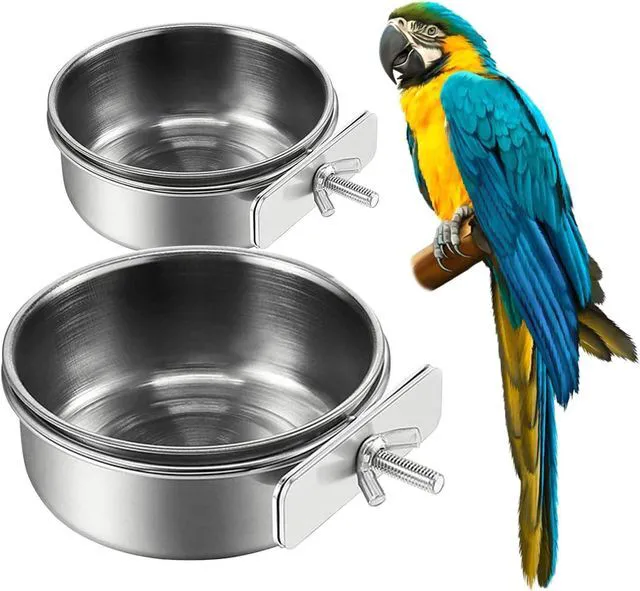 Main image of 2Pcs Stainless Steel Bird Feeding Bowls, Parrot Food Water Feeder Cage Cup Holder Dia 3.93",4.72"