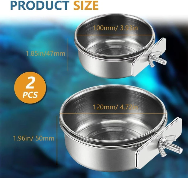 Alt view image 2 of 7 - 2Pcs Stainless Steel Bird Feeding Bowls, Parrot Food Water Feeder Cage Cup Holder Dia 3.93",4.72"