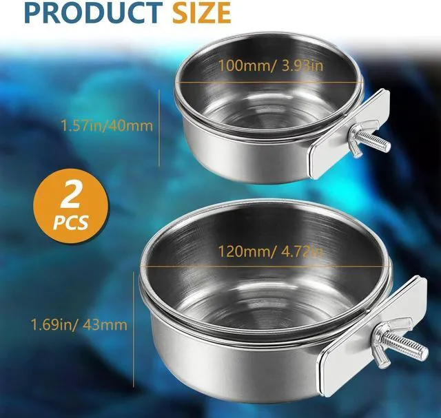 Alt view image 3 of 7 - 2Pcs Stainless Steel Bird Feeding Bowls, Parrot Food Water Feeder Cage Cup Holder Dia 3.93",4.72"