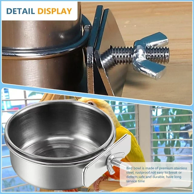 Alt view image 4 of 7 - 2Pcs Stainless Steel Bird Feeding Bowls, Parrot Food Water Feeder Cage Cup Holder Dia 3.93",4.72"