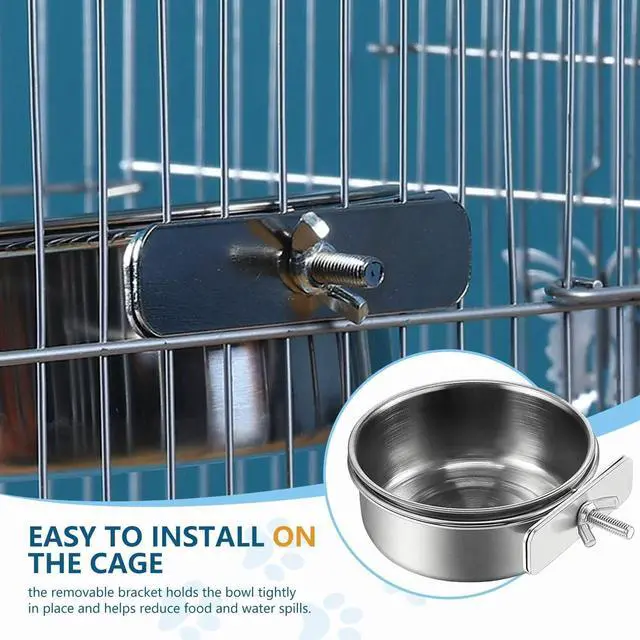 Alt view image 5 of 7 - 2Pcs Stainless Steel Bird Feeding Bowls, Parrot Food Water Feeder Cage Cup Holder Dia 3.93",4.72"