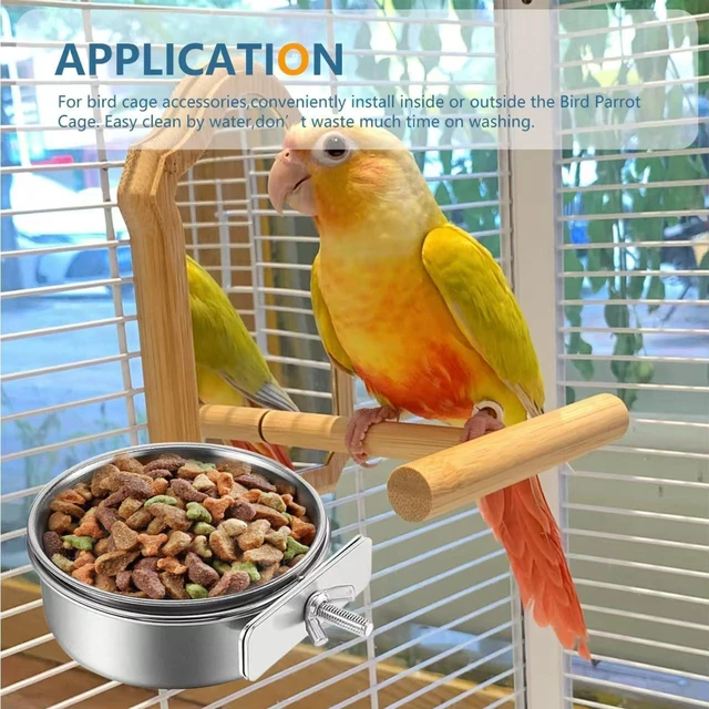 Alt view image 6 of 7 - 2Pcs Stainless Steel Bird Feeding Bowls, Parrot Food Water Feeder Cage Cup Holder Dia 3.93",4.72"