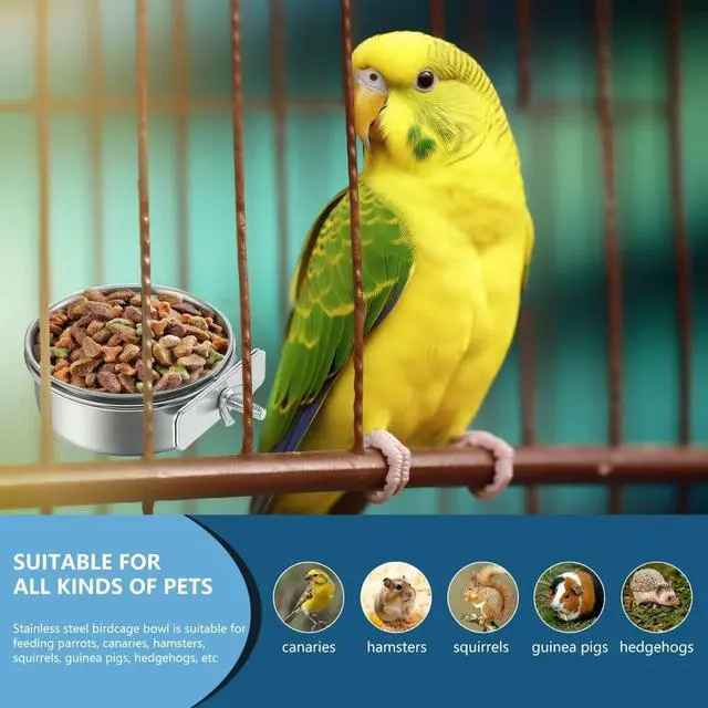 Alt view image 7 of 7 - 2Pcs Stainless Steel Bird Feeding Bowls, Parrot Food Water Feeder Cage Cup Holder Dia 3.93",4.72"