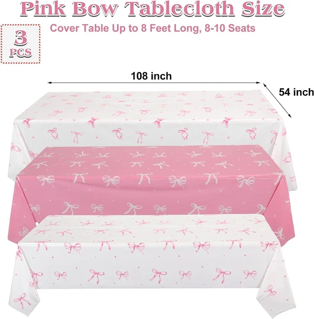 Alt view image 2 of 7 - 3 Pack Coquette Pink Bow Plastic Tablecloth, Pink and White Tablecloth