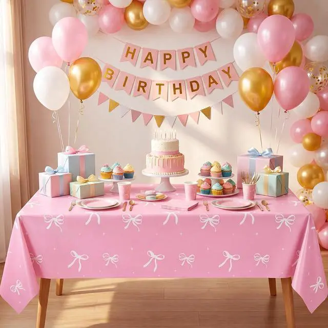 Alt view image 3 of 7 - 3 Pack Coquette Pink Bow Plastic Tablecloth, Pink and White Tablecloth