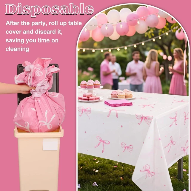 Alt view image 5 of 7 - 3 Pack Coquette Pink Bow Plastic Tablecloth, Pink and White Tablecloth