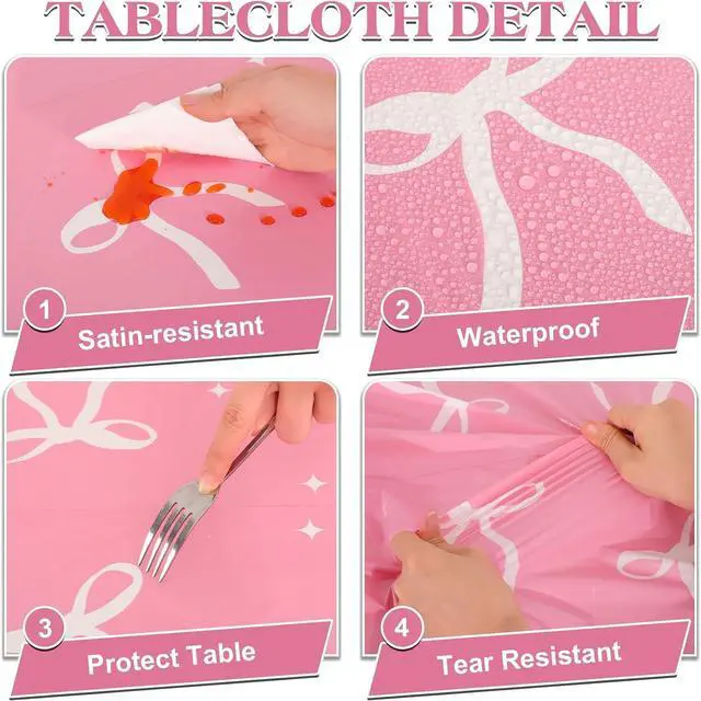 Alt view image 4 of 7 - 3 Pack Coquette Pink Bow Plastic Tablecloth, Pink and White Tablecloth