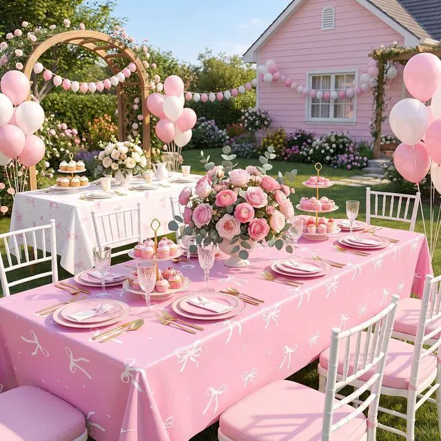 Alt view image 7 of 7 - 3 Pack Coquette Pink Bow Plastic Tablecloth, Pink and White Tablecloth