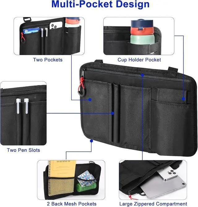 Alt view image 3 of 7 - Wheelchair Side Bag with Cup Holder, Premium Wheelchair Armrest Pouch Accessories for AdultsWheelchair Bags for Walkers, Rollators, Electric Wheelchairs (Black)