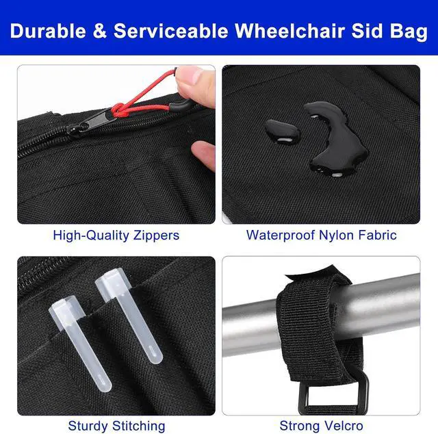 Alt view image 4 of 7 - Wheelchair Side Bag with Cup Holder, Premium Wheelchair Armrest Pouch Accessories for AdultsWheelchair Bags for Walkers, Rollators, Electric Wheelchairs (Black)