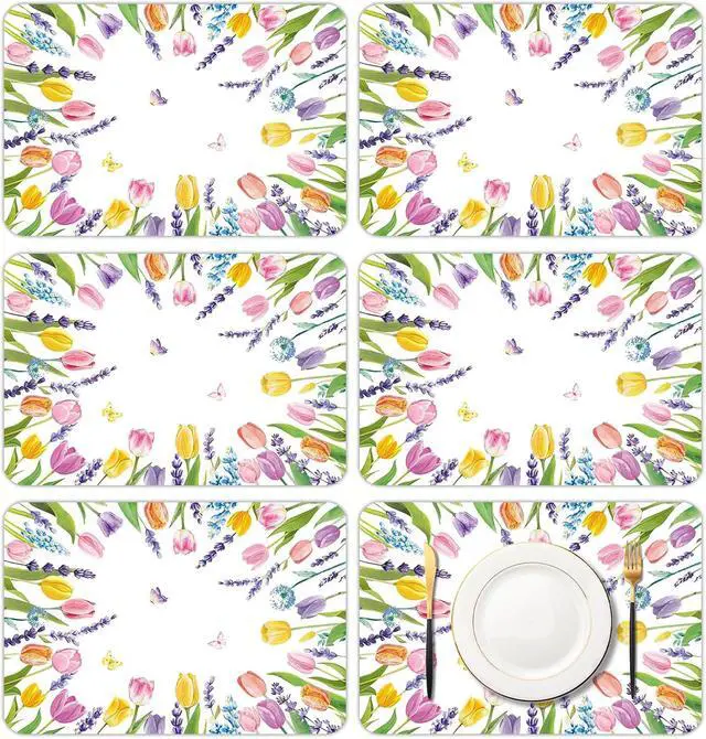 Main image of 6 Pcs Colorful Tulip Placemats, 11x16 Inch Summer Floral Plastic Placemats Flower Lavender Tulip Washable Table Mats for Wedding Birthday Home Party Table Settings Supplies