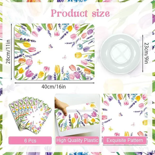 Alt view image 2 of 7 - 6 Pcs Colorful Tulip Placemats, 11x16 Inch Summer Floral Plastic Placemats Flower Lavender Tulip Washable Table Mats for Wedding Birthday Home Party Table Settings Supplies