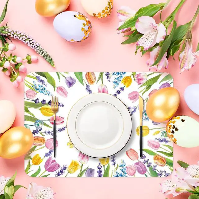 Alt view image 4 of 7 - 6 Pcs Colorful Tulip Placemats, 11x16 Inch Summer Floral Plastic Placemats Flower Lavender Tulip Washable Table Mats for Wedding Birthday Home Party Table Settings Supplies