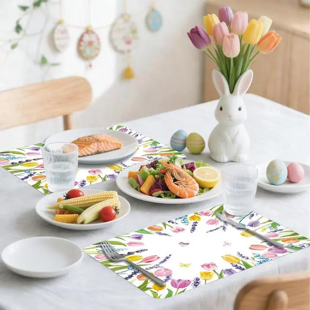 Alt view image 5 of 7 - 6 Pcs Colorful Tulip Placemats, 11x16 Inch Summer Floral Plastic Placemats Flower Lavender Tulip Washable Table Mats for Wedding Birthday Home Party Table Settings Supplies