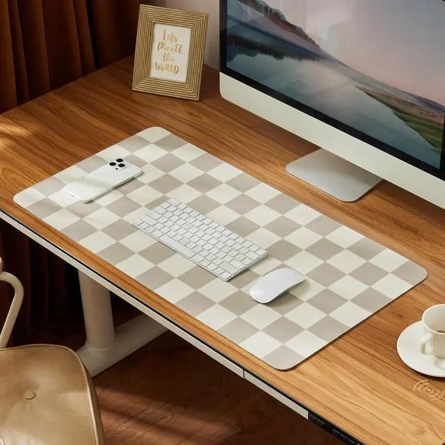 Main image of Checkered Desk Mat, Large Cute Aesthetic Retro PU Leather Computer Laptop Desk Mat, Non-Slip Waterproof Mouse Keyboard Pad, Desk Writing Mat for Work/Home (Khaki, 23.6" x 13.7")