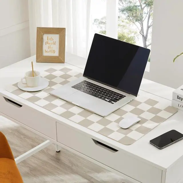 Alt view image 2 of 7 - Checkered Desk Mat, Large Cute Aesthetic Retro PU Leather Computer Laptop Desk Mat, Non-Slip Waterproof Mouse Keyboard Pad, Desk Writing Mat for Work/Home (Khaki, 23.6" x 13.7")