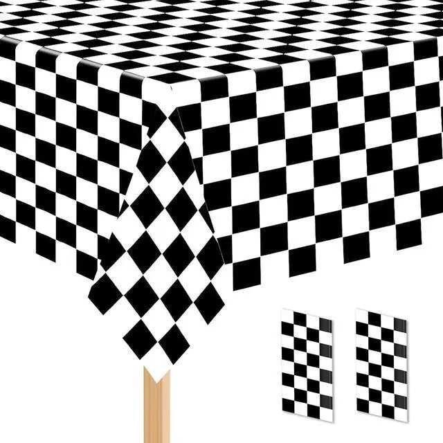 Main image of 2 Pack Black and White Checkered Tablecloth Disposable Rectangle Tablecloth 54 x 108 Inch, Plastic Table Covers for Birthday Wedding Banquet Picnic Holiday Party Decorations