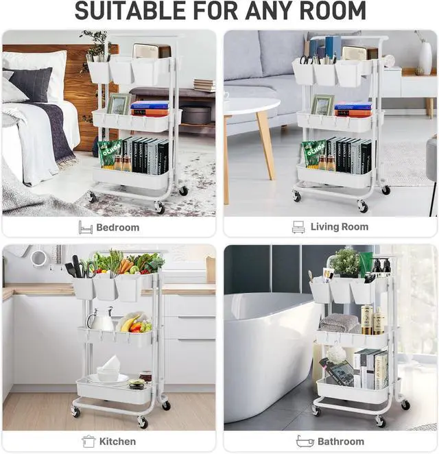 Alt view image 4 of 7 - 5 Pack Hanging Cup Holders, Multipurpose Rolling Cart Accessories Utility Cart Accessories For Art Craft Supplies, Space Saving Hanging Storage Basket Pencil Holder Makeup Organizers (White)