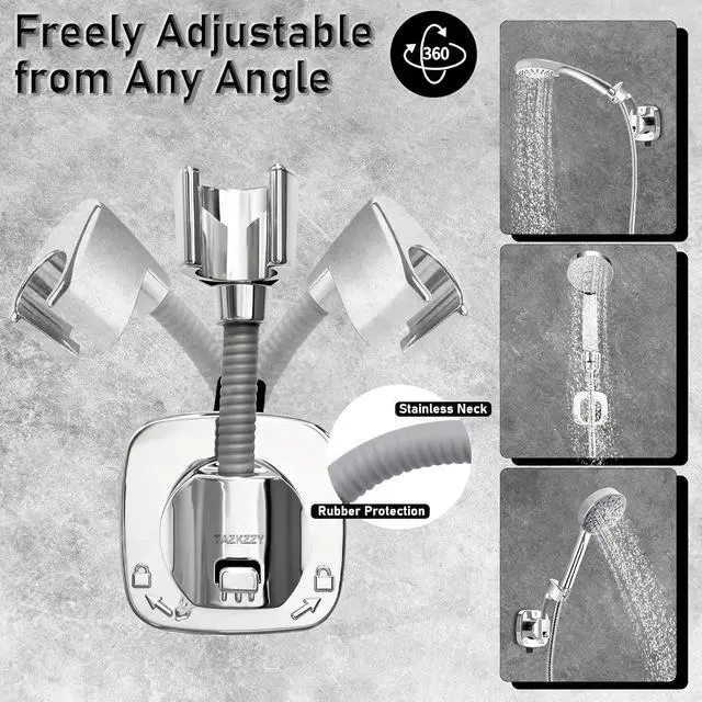 Alt view image 2 of 7 - 360° Swivel Head Suction Cup Shower Head Holder for Handheld Shower, Silver