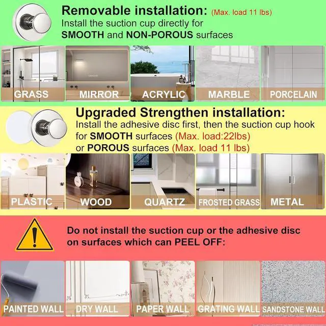 Alt view image 7 of 7 - Suction Cup Hooks for Shower, Nickel Wreath Hangers for Front Door Glass Window Bathroom Kitchen Wall, Removable Towel Holder Bath Robe Loofah Coat Hooks No Damage for Hanging, 2 Pack