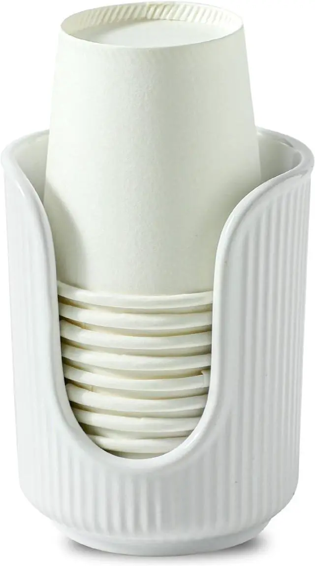 Main image of Ceramic Bathroom Cup Dispenser with Stylish Vertical Stripes - Disposable Mouthwash Cup Holder Holds 3-4oz Paper Cups for Rinsing Cups on Bathroom Vanity Countertops (White)