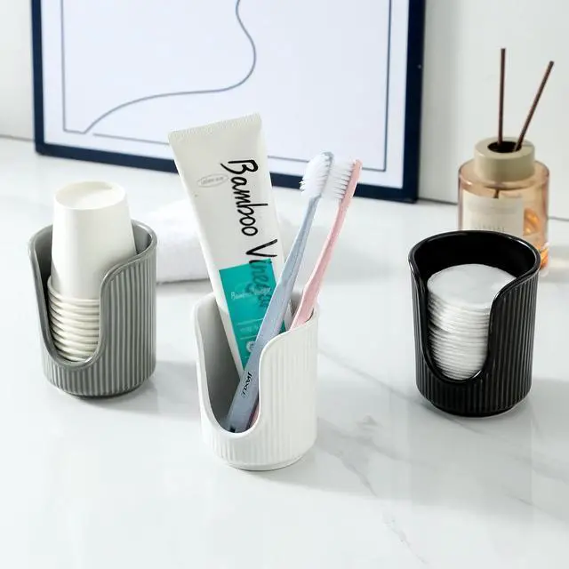 Alt view image 6 of 7 - Ceramic Bathroom Cup Dispenser with Stylish Vertical Stripes - Disposable Mouthwash Cup Holder Holds 3-4oz Paper Cups for Rinsing Cups on Bathroom Vanity Countertops (White)