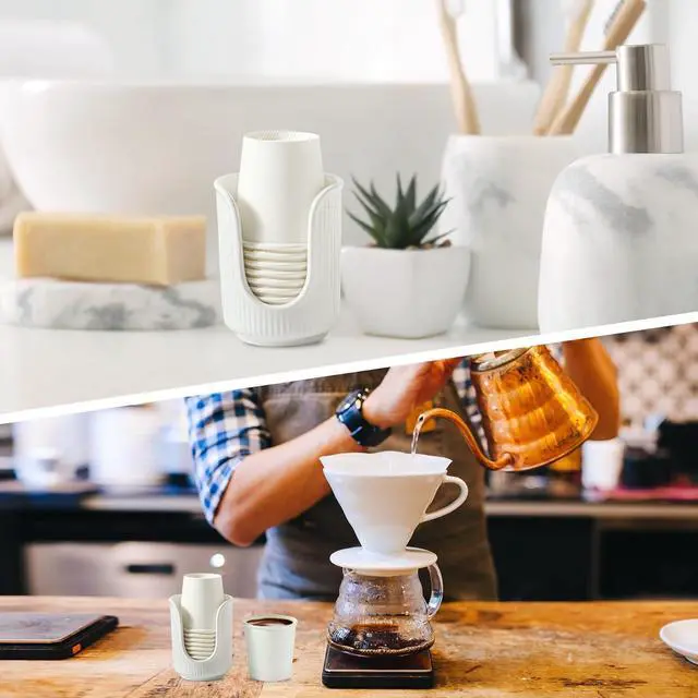 Alt view image 7 of 7 - Ceramic Bathroom Cup Dispenser with Stylish Vertical Stripes - Disposable Mouthwash Cup Holder Holds 3-4oz Paper Cups for Rinsing Cups on Bathroom Vanity Countertops (White)