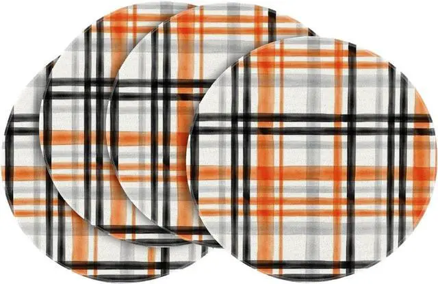 Main image of Orange Black Buffalo Plaid Halloween Round Placemats Set of 4, 14 Inch Fall Round Table Mats for Dining Decoration