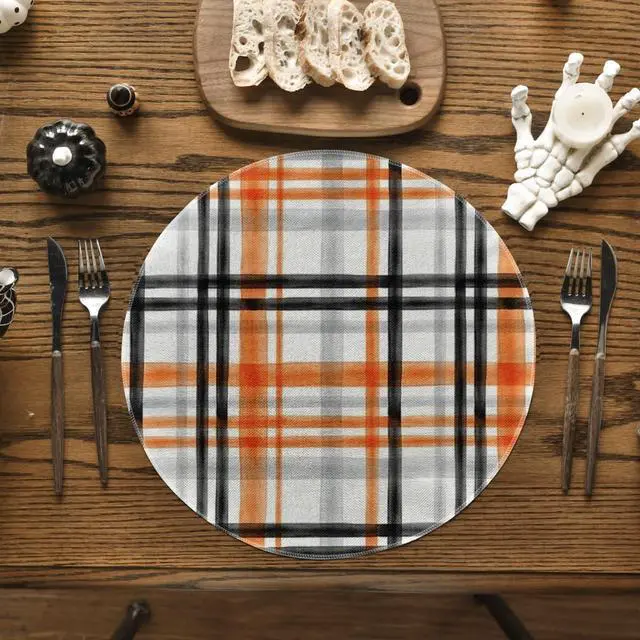 Alt view image 2 of 6 - Orange Black Buffalo Plaid Halloween Round Placemats Set of 4, 14 Inch Fall Round Table Mats for Dining Decoration