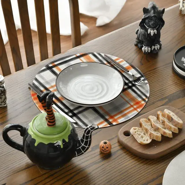 Alt view image 3 of 6 - Orange Black Buffalo Plaid Halloween Round Placemats Set of 4, 14 Inch Fall Round Table Mats for Dining Decoration