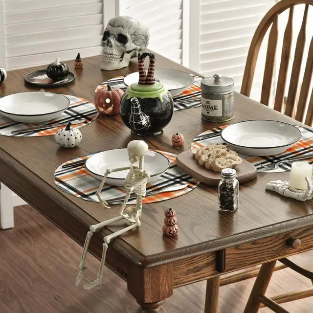 Alt view image 4 of 6 - Orange Black Buffalo Plaid Halloween Round Placemats Set of 4, 14 Inch Fall Round Table Mats for Dining Decoration