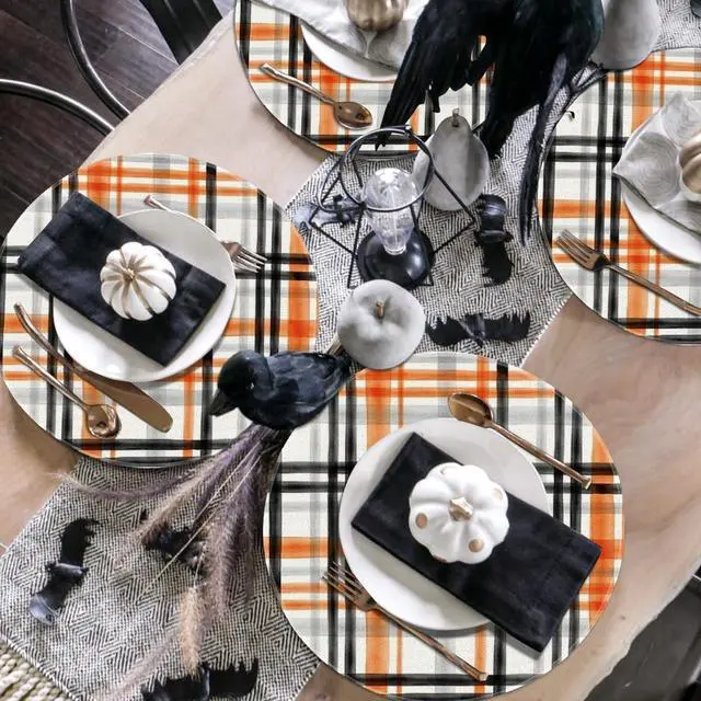 Alt view image 5 of 6 - Orange Black Buffalo Plaid Halloween Round Placemats Set of 4, 14 Inch Fall Round Table Mats for Dining Decoration