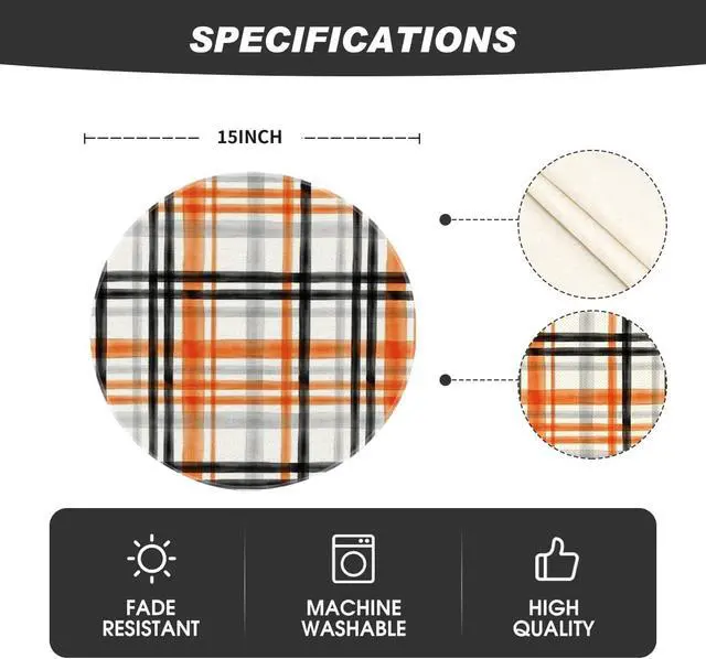 Alt view image 6 of 6 - Orange Black Buffalo Plaid Halloween Round Placemats Set of 4, 14 Inch Fall Round Table Mats for Dining Decoration