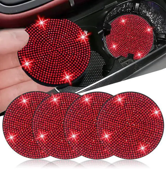 Alt view image 2 of 7 - 2pcs Bling Car Cup Holder Coaster, 2.75 inch Anti-Slip Shockproof Universal Fashion Coasters Insert Crystal Rhinestone Automotive Interior Accessories for Women (2 pcs, Red)