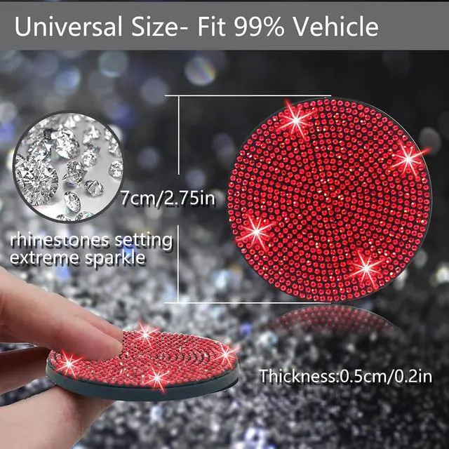 Alt view image 3 of 7 - 2pcs Bling Car Cup Holder Coaster, 2.75 inch Anti-Slip Shockproof Universal Fashion Coasters Insert Crystal Rhinestone Automotive Interior Accessories for Women (2 pcs, Red)
