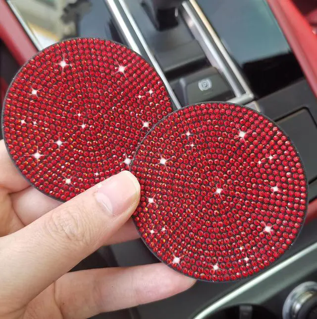 Alt view image 5 of 7 - 2pcs Bling Car Cup Holder Coaster, 2.75 inch Anti-Slip Shockproof Universal Fashion Coasters Insert Crystal Rhinestone Automotive Interior Accessories for Women (2 pcs, Red)