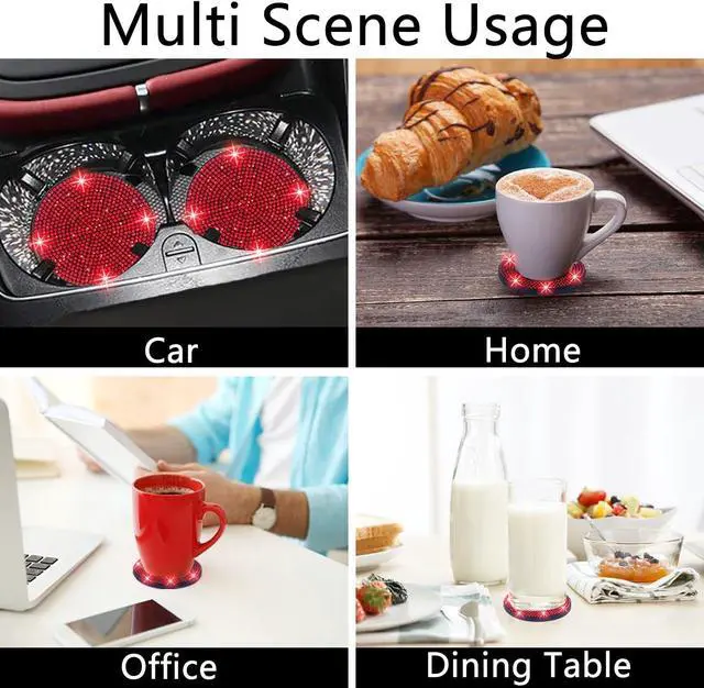 Alt view image 7 of 7 - 2pcs Bling Car Cup Holder Coaster, 2.75 inch Anti-Slip Shockproof Universal Fashion Coasters Insert Crystal Rhinestone Automotive Interior Accessories for Women (2 pcs, Red)
