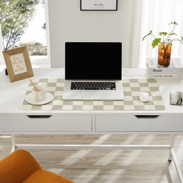 Alt view image 3 of 7 - Checkered Desk Mat, Large Cute Aesthetic Retro PU Leather Computer Laptop Desk Mat, Non-Slip Waterproof Mouse Keyboard Pad, Desk Writing Mat for Work/Home (Khaki, 23.6" x 13.7")