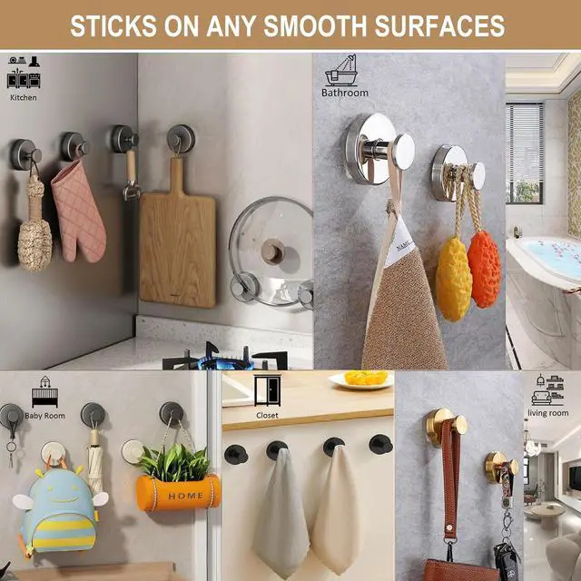 Alt view image 4 of 7 - Suction Cup Hooks for Shower, Nickel Wreath Hangers for Front Door Glass Window Bathroom Kitchen Wall, Removable Towel Holder Bath Robe Loofah Coat Hooks No Damage for Hanging, 2 Pack