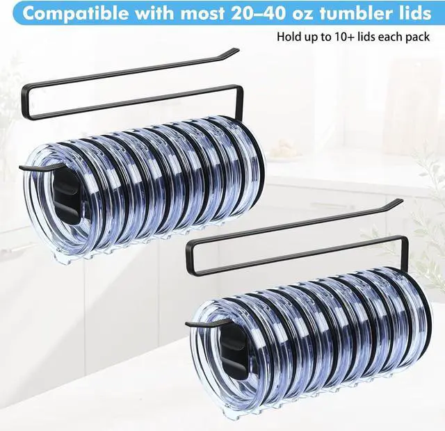 Alt view image 4 of 7 - 2 Pack Tumbler Lid Organizer, Under Cabinet Cup Lid Holder - Heavy Duty Iron with Anti-Rust Coating, Holds 10+ Lids , No Drill Space-Saving Kitchen Bathroom Organizer for 2040 oz Tumbler Lids, Black