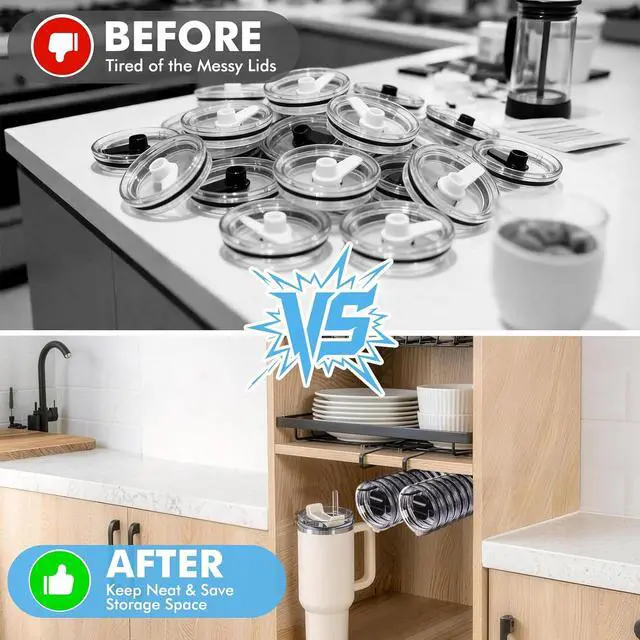 Alt view image 6 of 7 - 2 Pack Tumbler Lid Organizer, Under Cabinet Cup Lid Holder - Heavy Duty Iron with Anti-Rust Coating, Holds 10+ Lids , No Drill Space-Saving Kitchen Bathroom Organizer for 2040 oz Tumbler Lids, Black