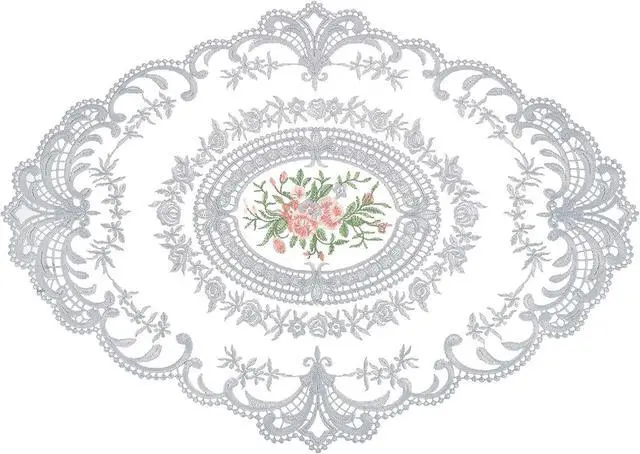 Main image of Placemat 12x16in Oval Lace Embroidered Retro Blue Gray